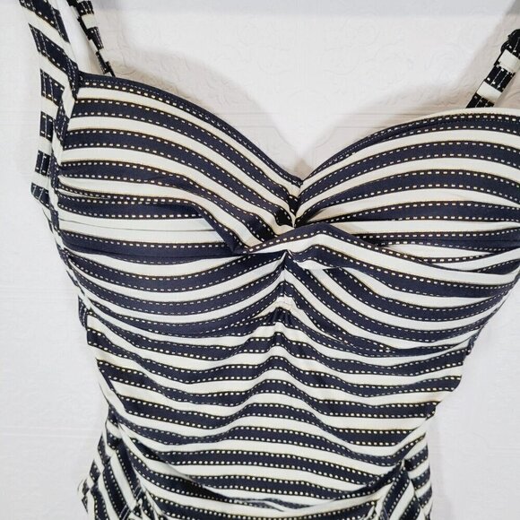 Niptuck Swimsuit One Piece Size 8 US Striped Black White Gold Multi-Fit Cup - Picture 2 of 9